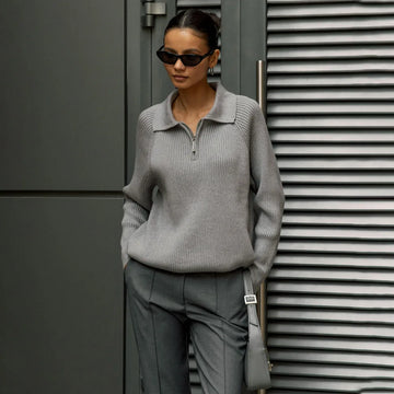 Women's ribbed collared winter half zip sweater
