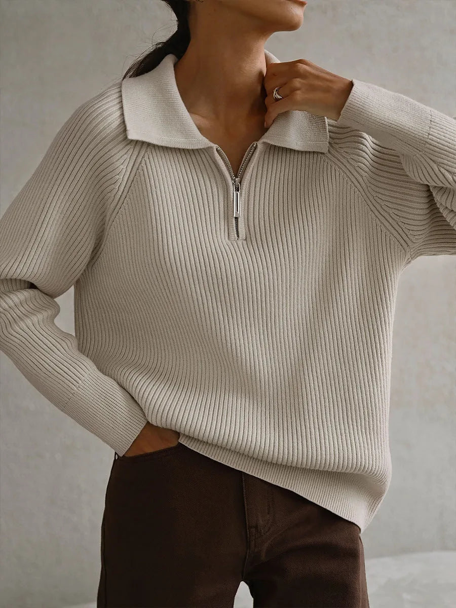 Women's ribbed collared winter half zip sweater