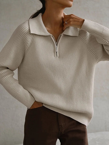Women's ribbed collared winter half zip sweater