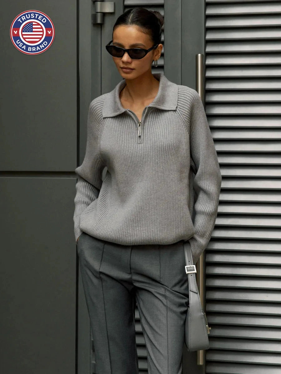 Women's ribbed collared winter half zip sweater