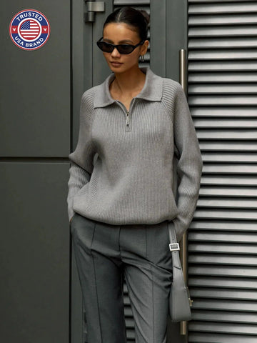 Women's ribbed collared winter half zip sweater