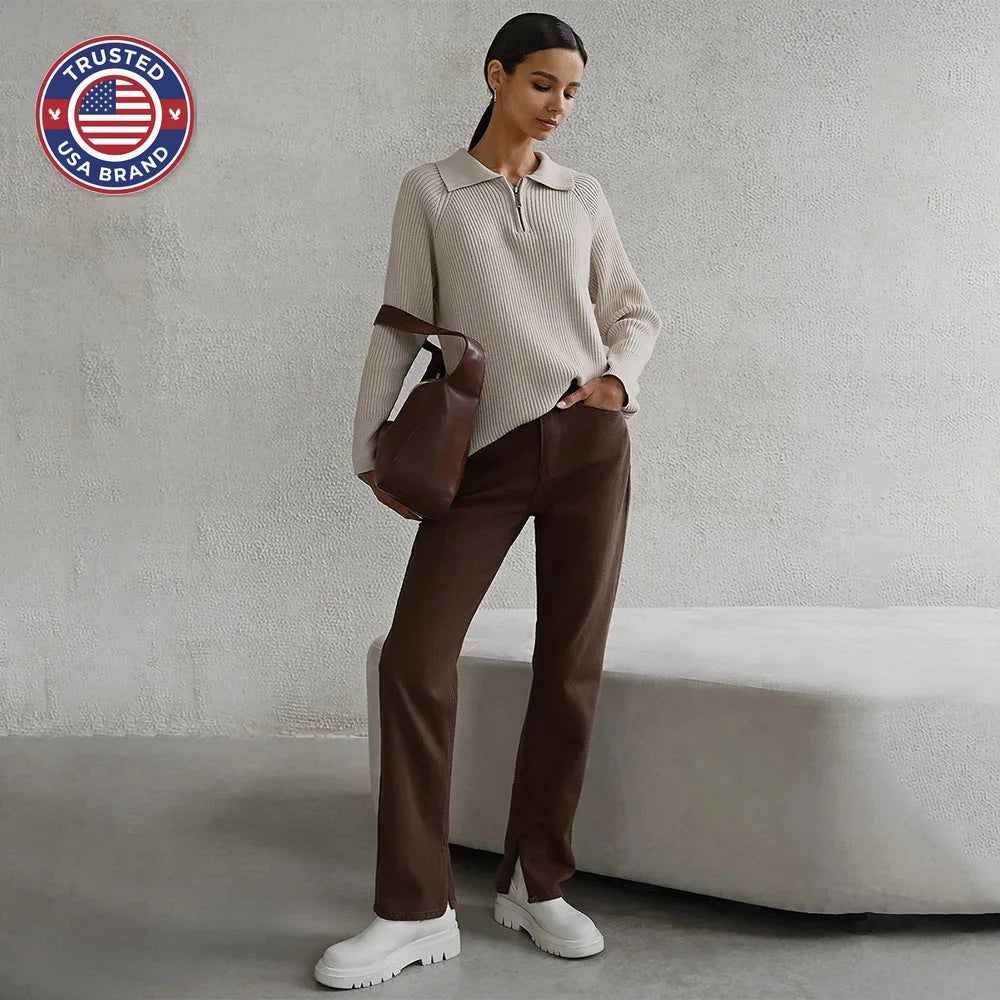 Women's ribbed collared winter half zip sweater