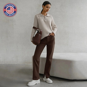 Women's ribbed collared winter half zip sweater