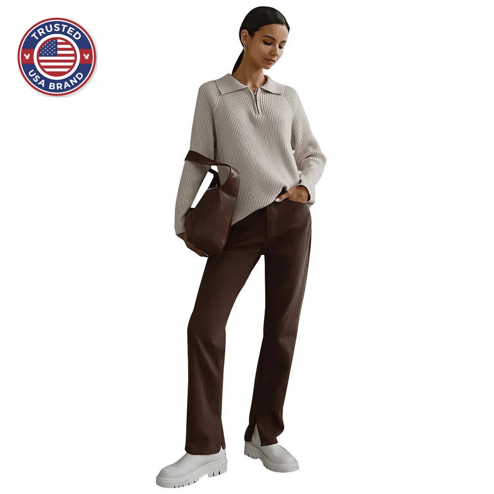 Women's ribbed collared winter half zip sweater
