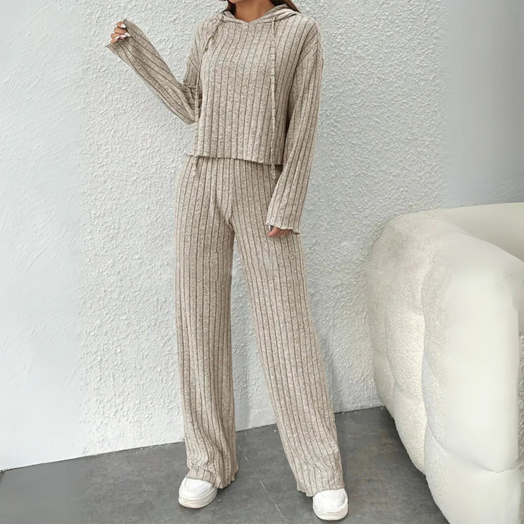 Women's ribbed hooded winter two piece set