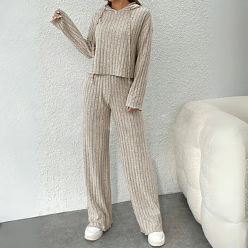 Women's ribbed hooded winter two piece set