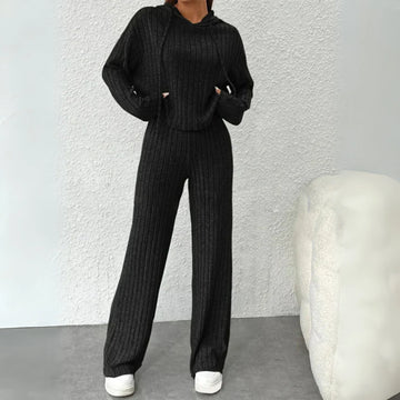 Women's ribbed hooded winter two piece set