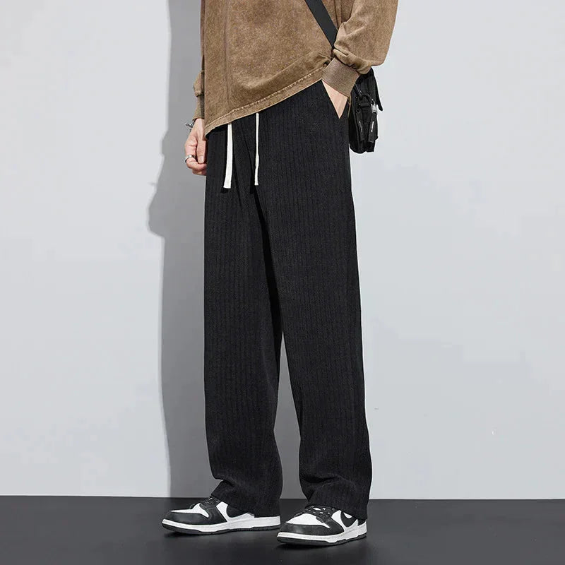 Women's ribbed winter pants with drawstring waist - Black