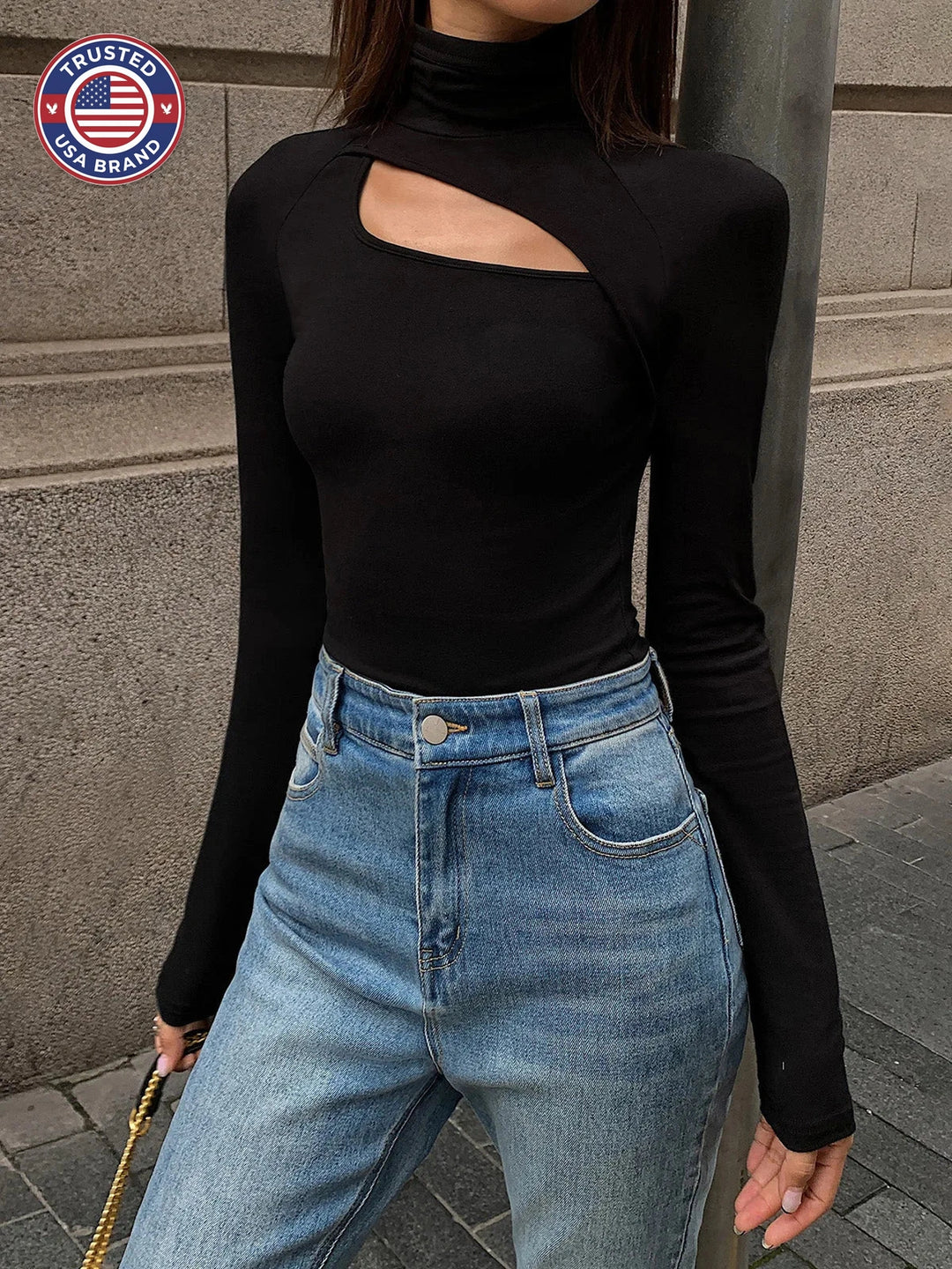 Women's ribbed roll neck winter top with cut-out chest