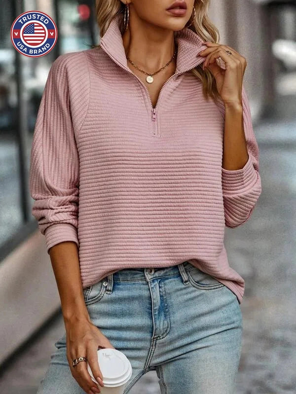 Women's ribbed stand collar winter half zip sweater