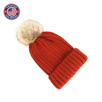 Women's ribbed winter top with detachable faux fur pom-pom
