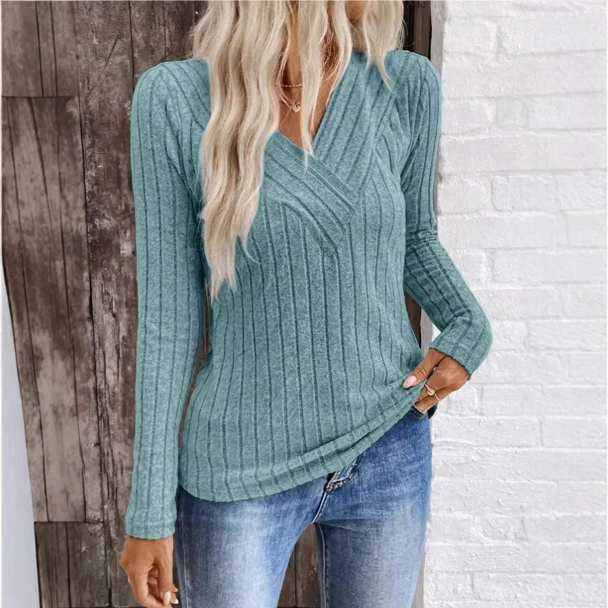 Women's ribbed v-neck winter sweater