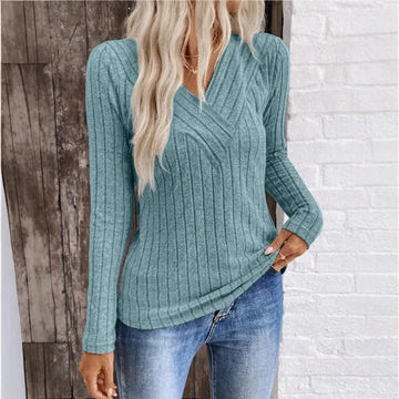 Women's ribbed v-neck winter sweater