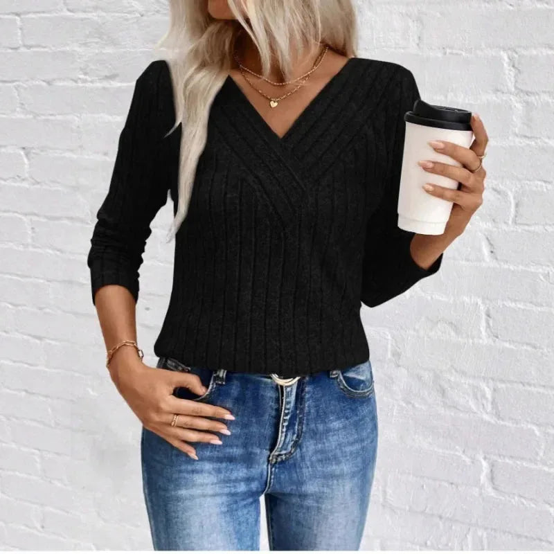 Women's ribbed v-neck winter sweater