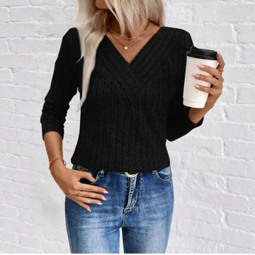 Women's ribbed v-neck winter sweater
