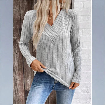 Women's ribbed v-neck winter sweater