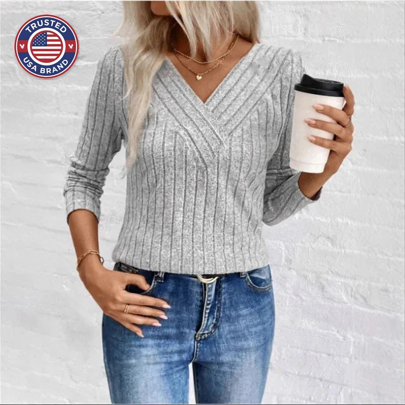 Women's ribbed v-neck winter sweater