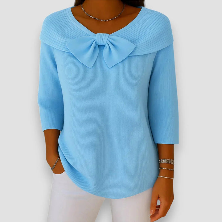 Women's ribbed v-neck winter sweater with large bow detail