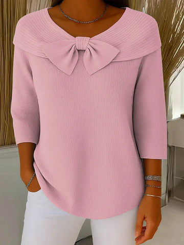 Women's ribbed v-neck winter sweater with large bow detail