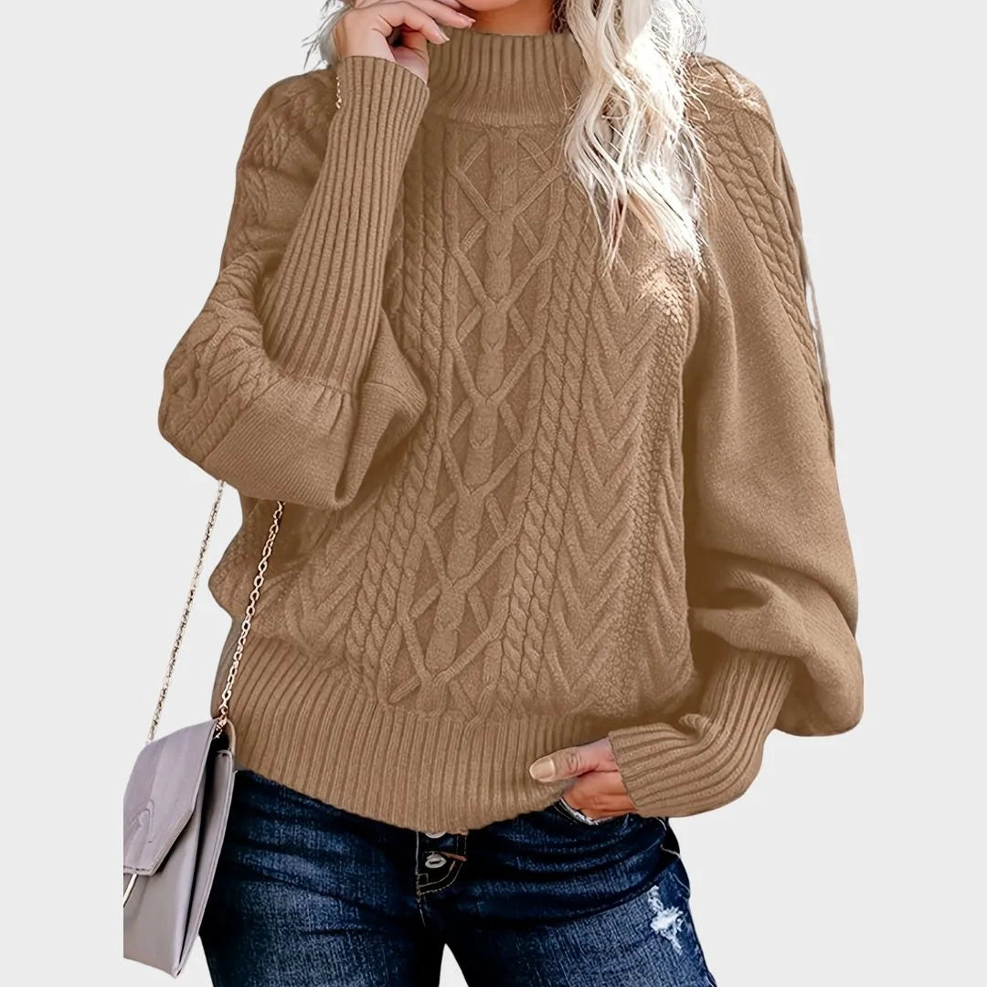Women's roll neck winter cable knit sweater with puff sleeves
