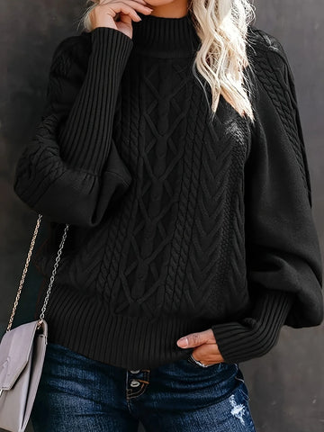 Women's roll neck winter cable knit sweater with puff sleeves