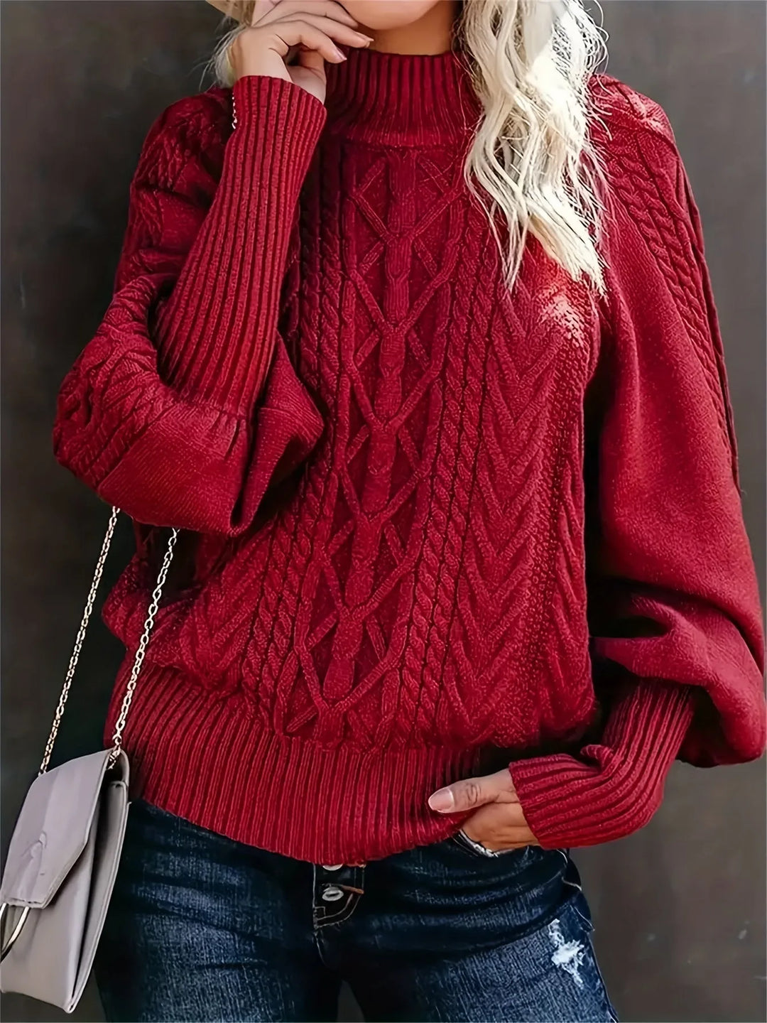 Women's roll neck winter cable knit sweater with puff sleeves