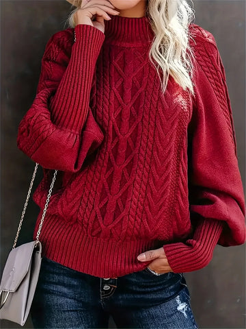 Women's roll neck winter cable knit sweater with puff sleeves