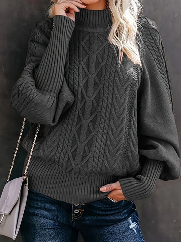 Women's roll neck winter cable knit sweater with puff sleeves