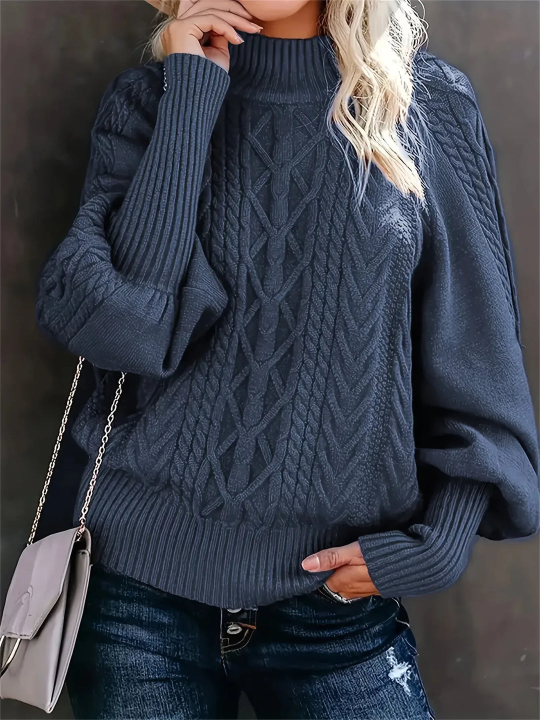 Women's roll neck winter cable knit sweater with puff sleeves