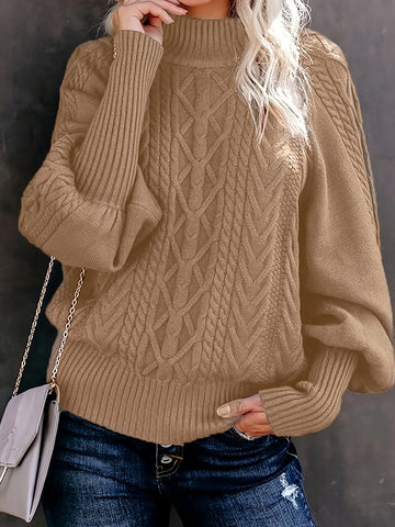Women's roll neck winter cable knit sweater with puff sleeves