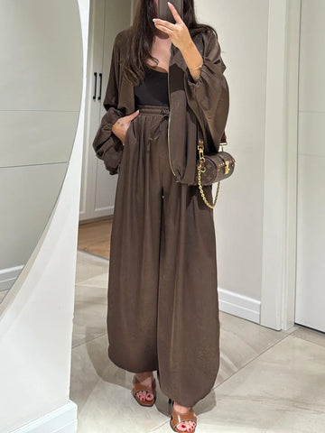 Women's satin zip-up stand collar winter two piece set with wide leg pants