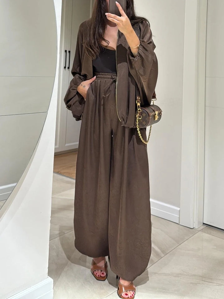 Women's satin zip-up stand collar winter two piece set with wide leg pants