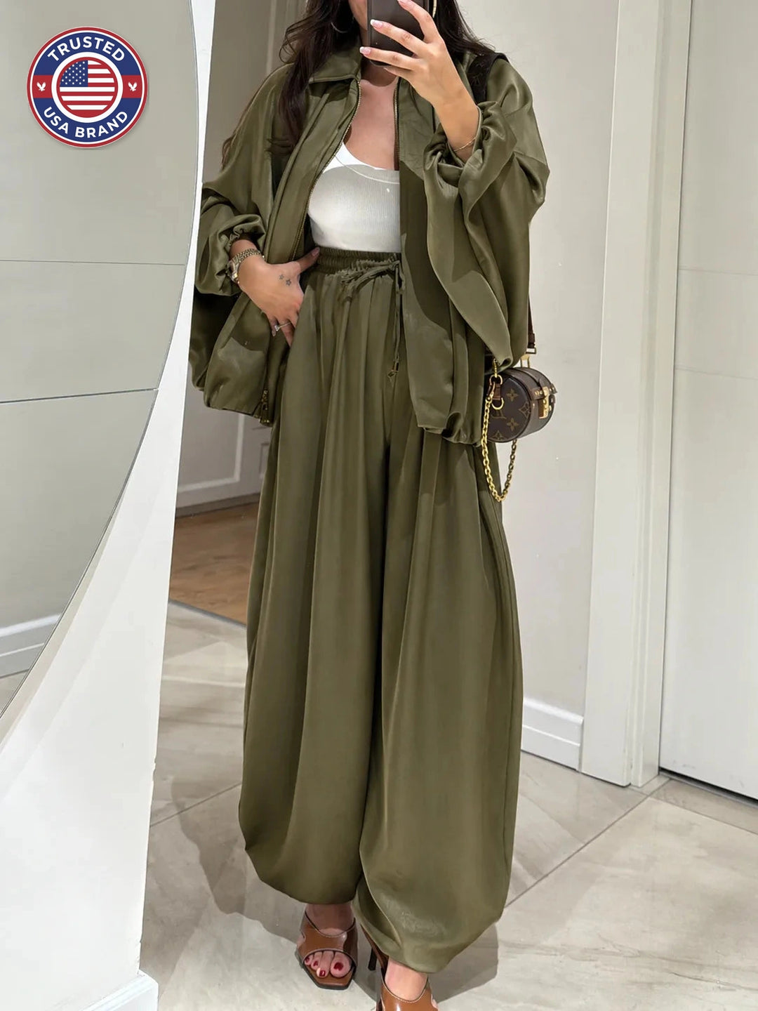 Women's satin zip-up stand collar winter two piece set with wide leg pants