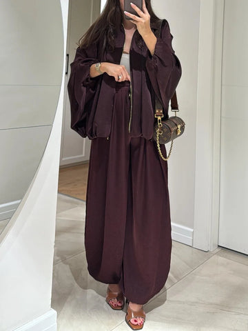 Women's satin zip-up stand collar winter two piece set with wide leg pants
