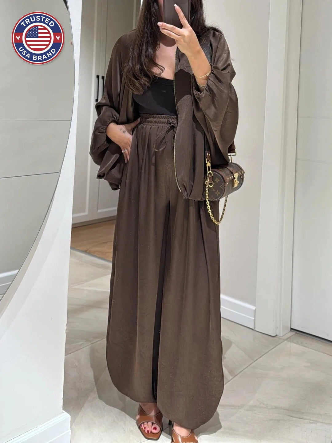 Women's satin zip-up stand collar winter two piece set with wide leg pants