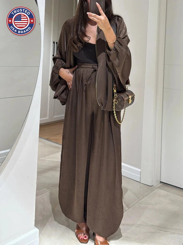 Women's satin zip-up stand collar winter two piece set with wide leg pants
