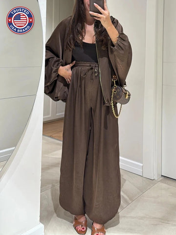 Women's satin zip-up stand collar winter two piece set with wide leg pants