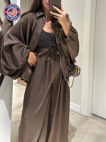 Women's satin zip-up stand collar winter two piece set with wide leg pants