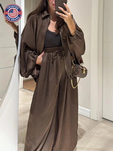 Women's satin zip-up stand collar winter two piece set with wide leg pants