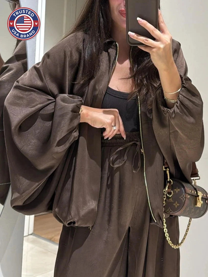 Women's satin zip-up stand collar winter two piece set with wide leg pants