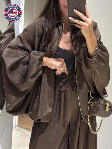Women's satin zip-up stand collar winter two piece set with wide leg pants