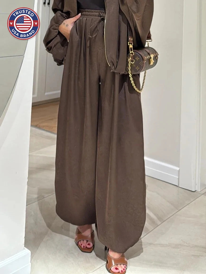 Women's satin zip-up stand collar winter two piece set with wide leg pants