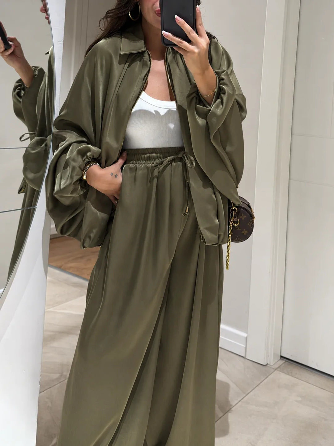 Women's satin zip-up stand collar winter two piece set with wide leg pants