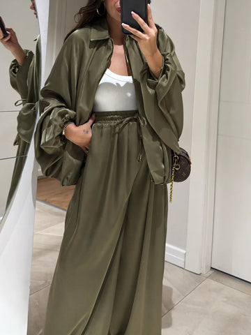 Women's satin zip-up stand collar winter two piece set with wide leg pants
