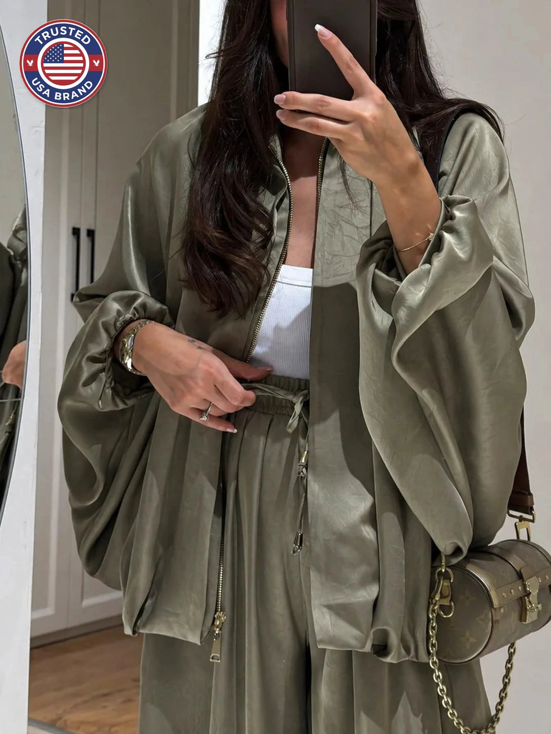 Women's satin zip-up stand collar winter two piece set with wide leg pants