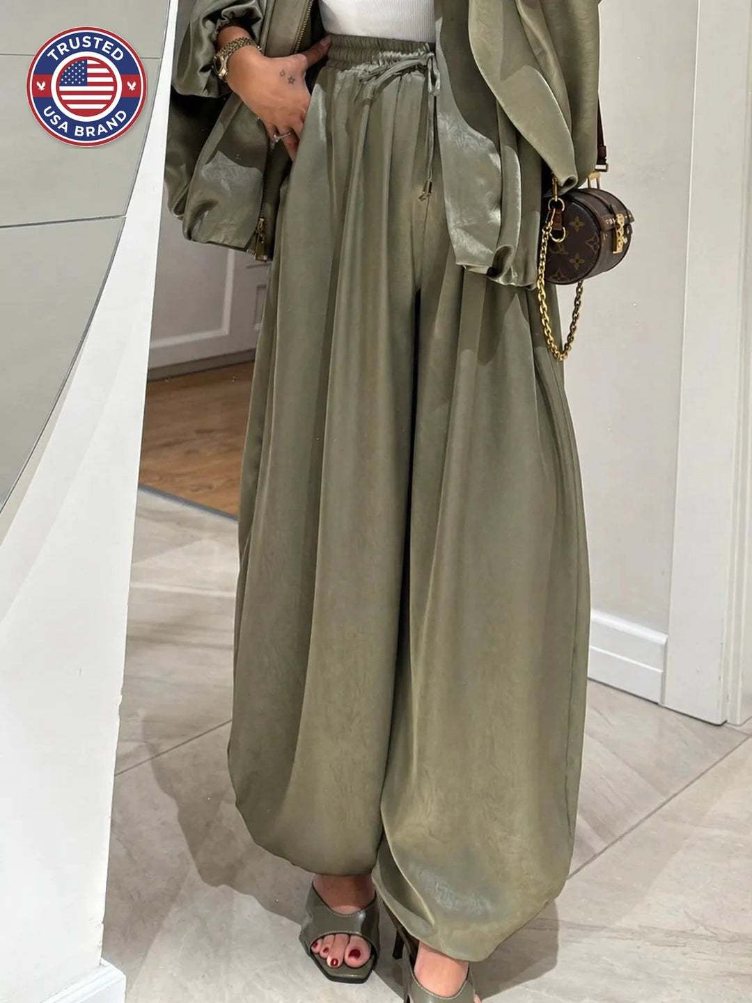 Women's satin zip-up stand collar winter two piece set with wide leg pants