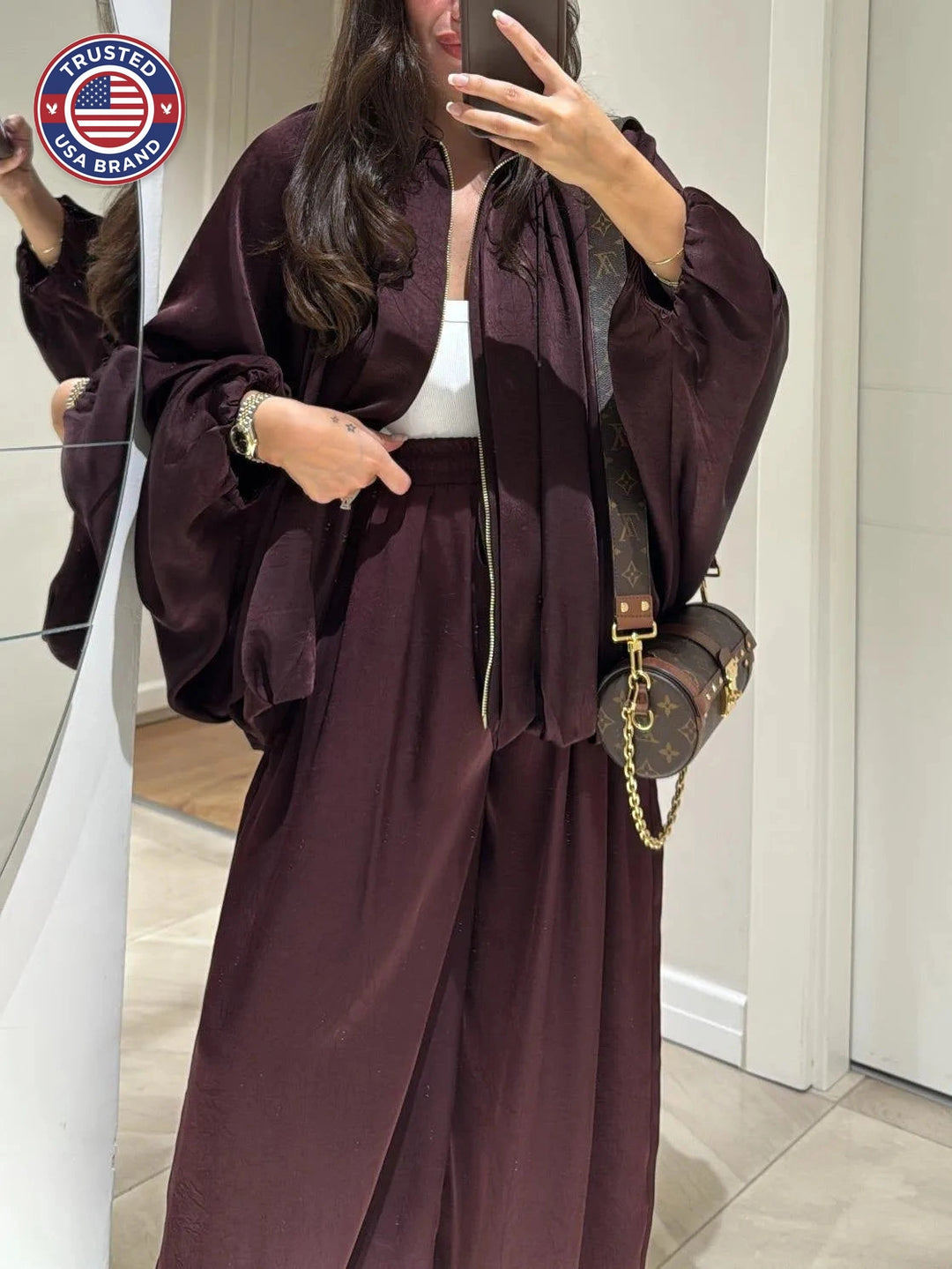 Women's satin zip-up stand collar winter two piece set with wide leg pants