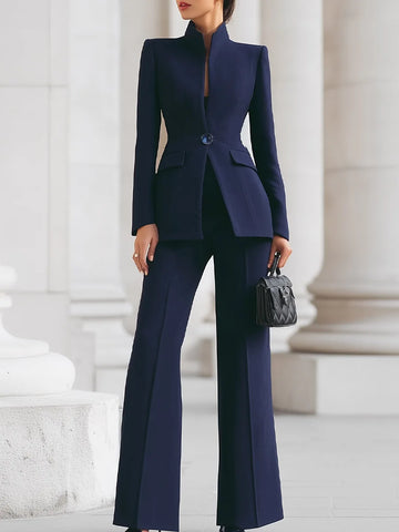Women's Stand Collar Winter Blazer & Wide Leg Pants Suit Set