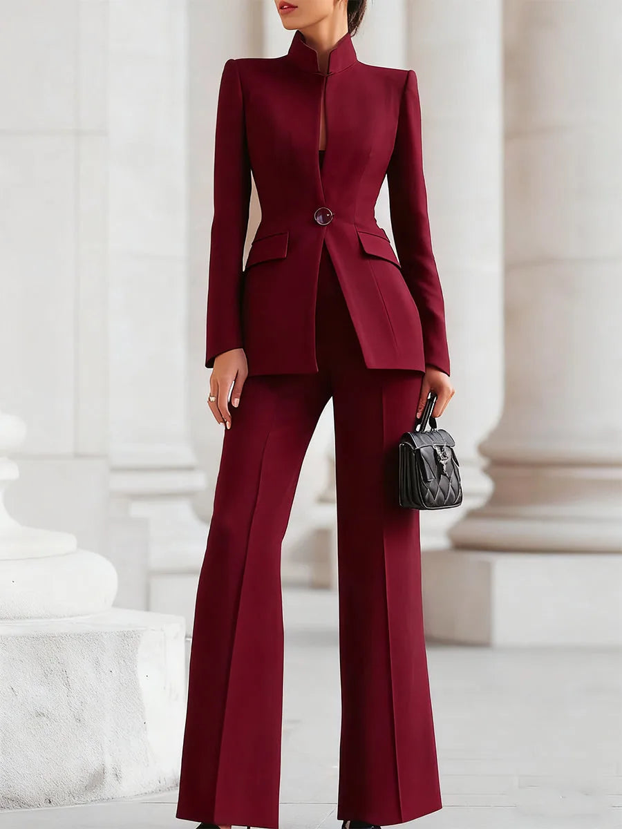 Women's Stand Collar Winter Blazer & Wide Leg Pants Suit Set