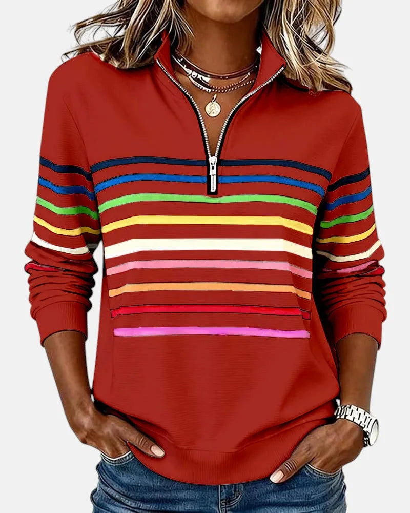 Women's striped cotton half-zip winter sweatshirt
